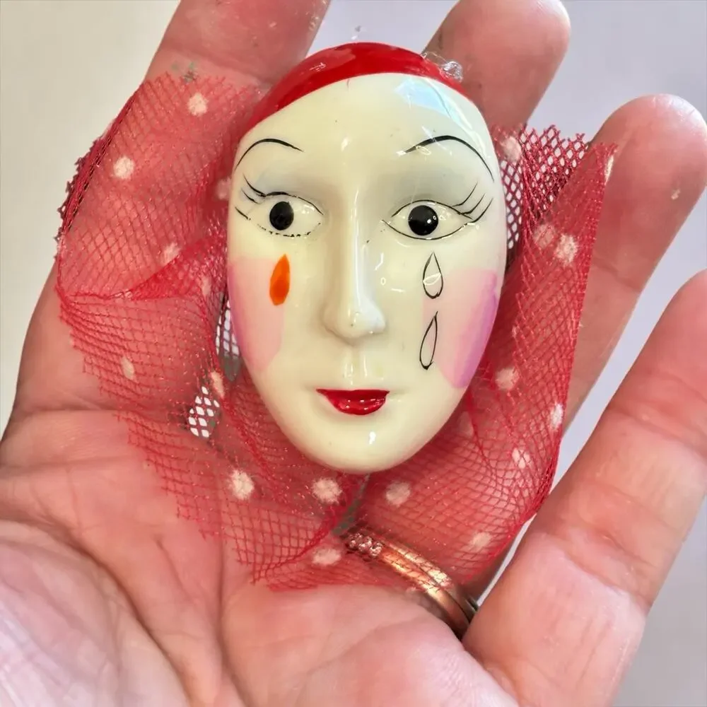 Vintage Pierrot Clown Face Brooch Red Flocked Veil Art Mask Harlequin